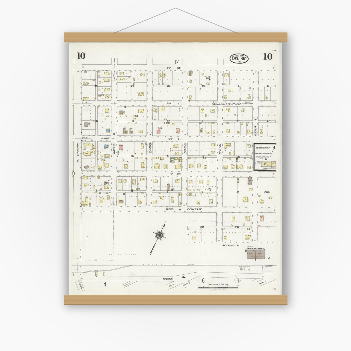 Old map wall art mockup — magnetic wood frame on white wall — Sanborn Fire Insurance Map from Del Rio, Val Verde County, Texas (1924), Sheet #0010