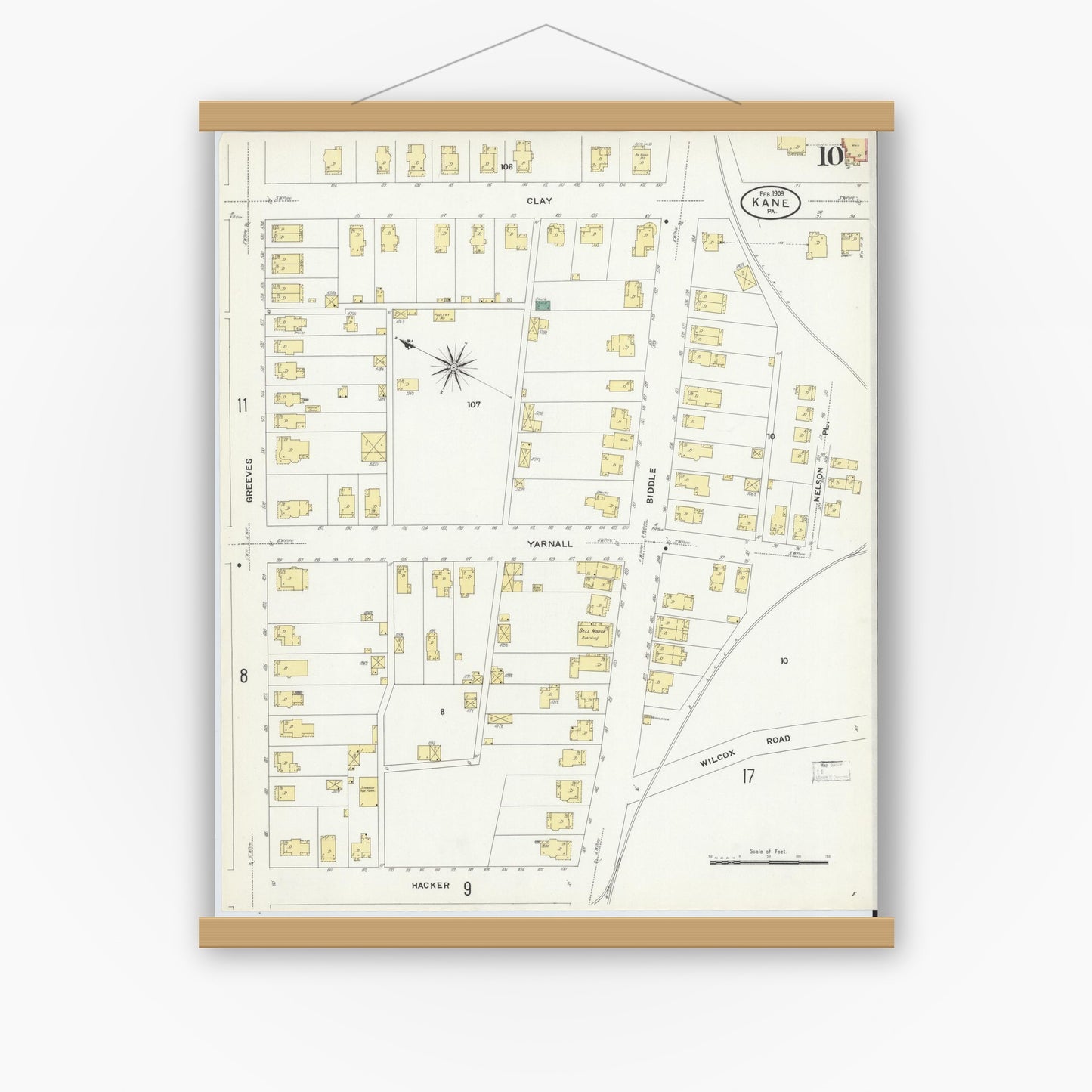 Old map wall art mockup — magnetic wood frame on white wall — Sanborn Fire Insurance Map from Kane, McKean County, Pennsylvania (1909), Sheet #0010