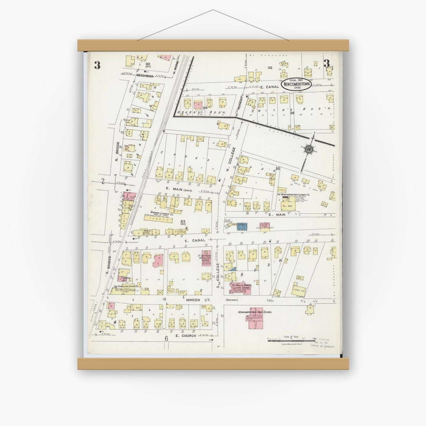 Old map wall art mockup — magnetic wood frame on white wall — Sanborn Fire Insurance Map from Newcomerstown, Tuscarawas County, Ohio (1924), Sheet #0003