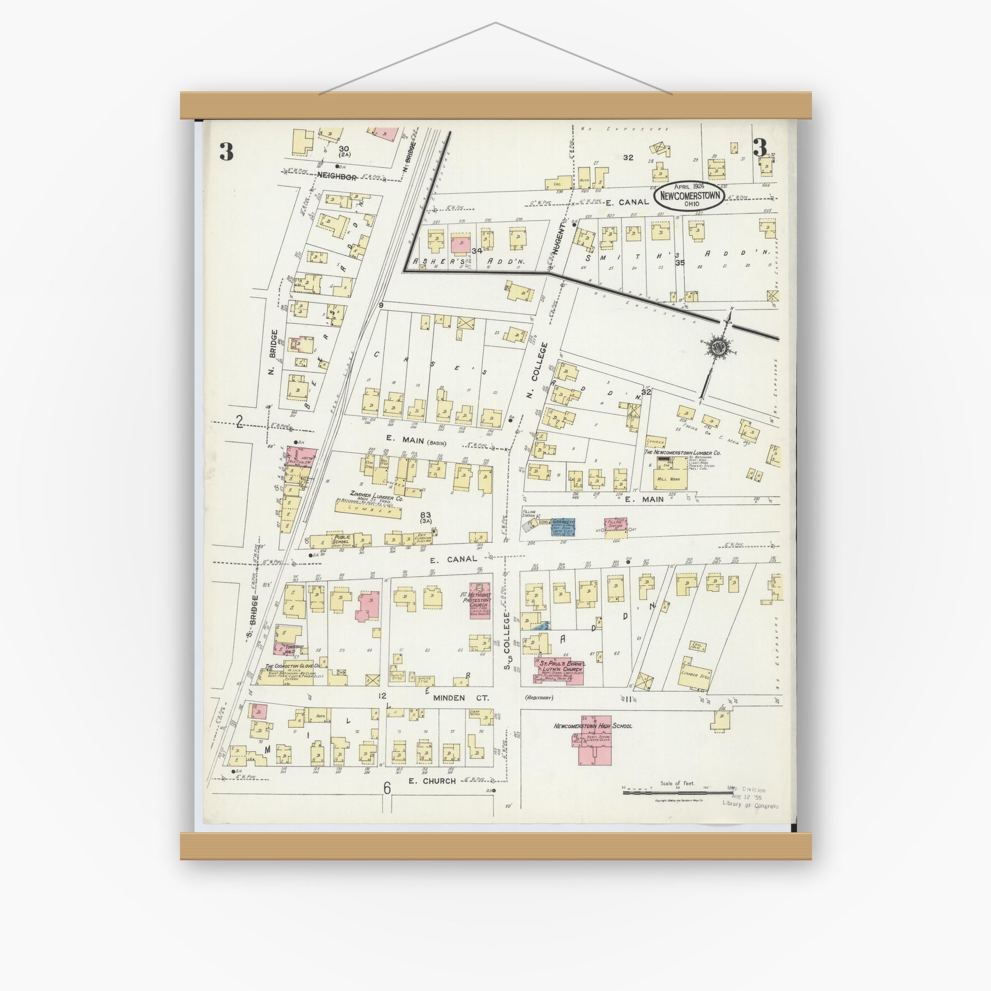 Old map wall art mockup — magnetic wood frame on white wall — Sanborn Fire Insurance Map from Newcomerstown, Tuscarawas County, Ohio (1924), Sheet #0003