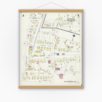 Old map wall art mockup — magnetic wood frame on white wall — Sanborn Fire Insurance Map from Newcomerstown, Tuscarawas County, Ohio (1924), Sheet #0003