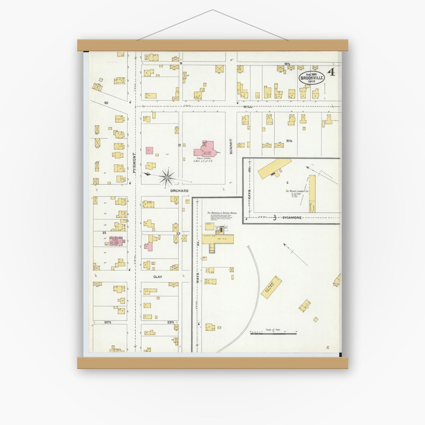 Old map wall art mockup — magnetic wood frame on white wall — Sanborn Fire Insurance Map from Brookville, Montgomery County, Ohio (1905), Sheet #0004
