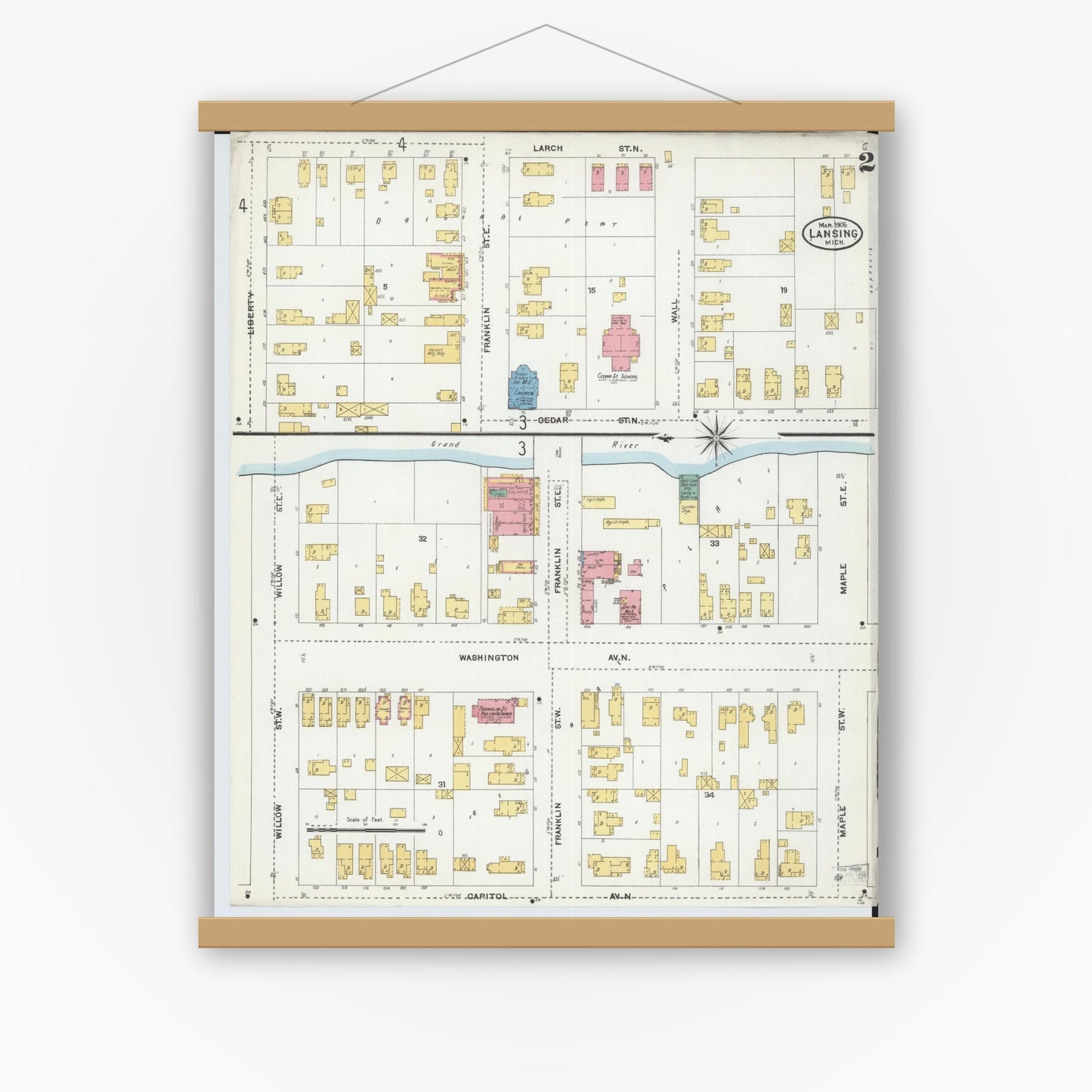 Old map wall art mockup — magnetic wood frame on white wall — Sanborn Fire Insurance Map from Lansing, Ingham County, Michigan (1906), Sheet #0002