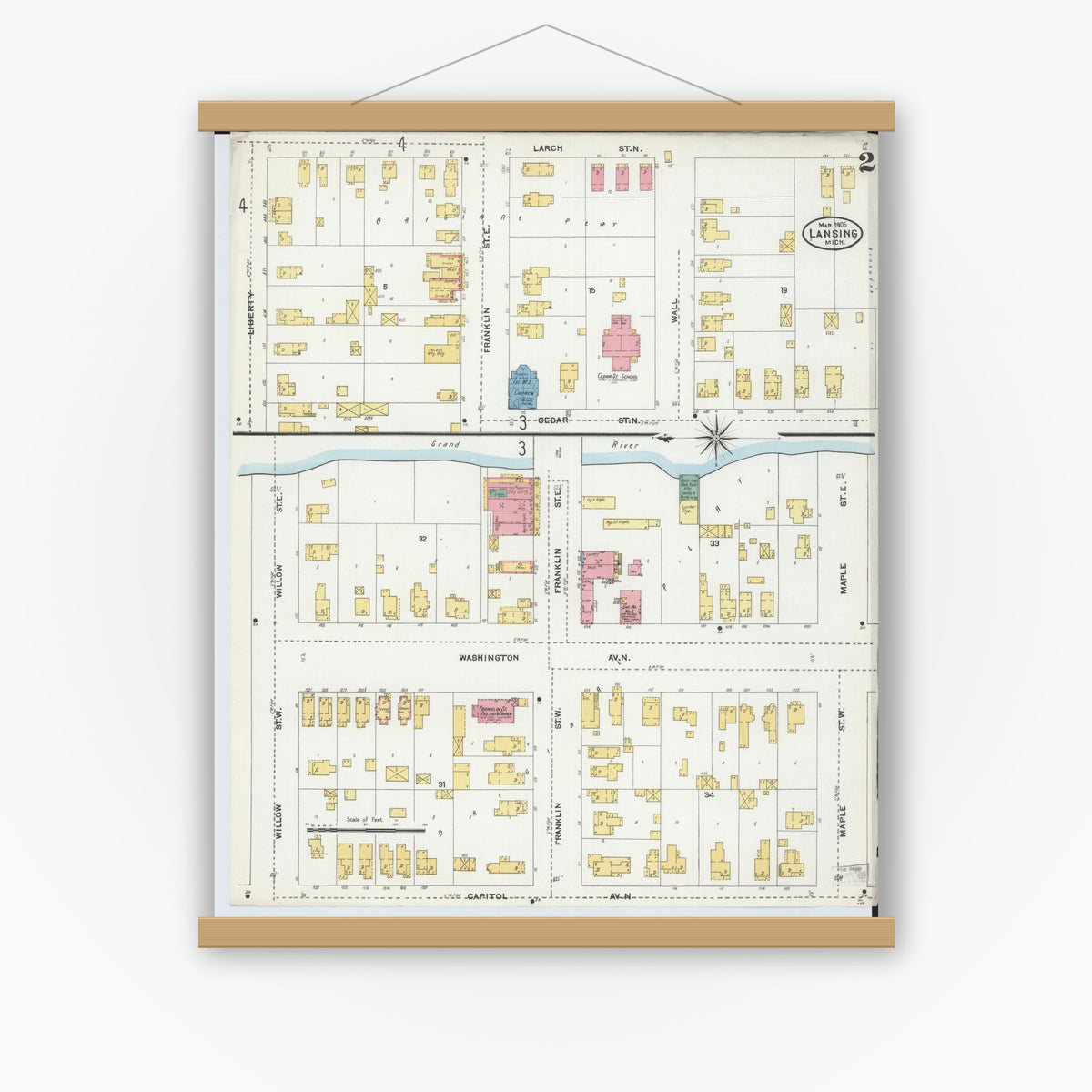 Old map wall art mockup — magnetic wood frame on white wall — Sanborn Fire Insurance Map from Lansing, Ingham County, Michigan (1906), Sheet #0002