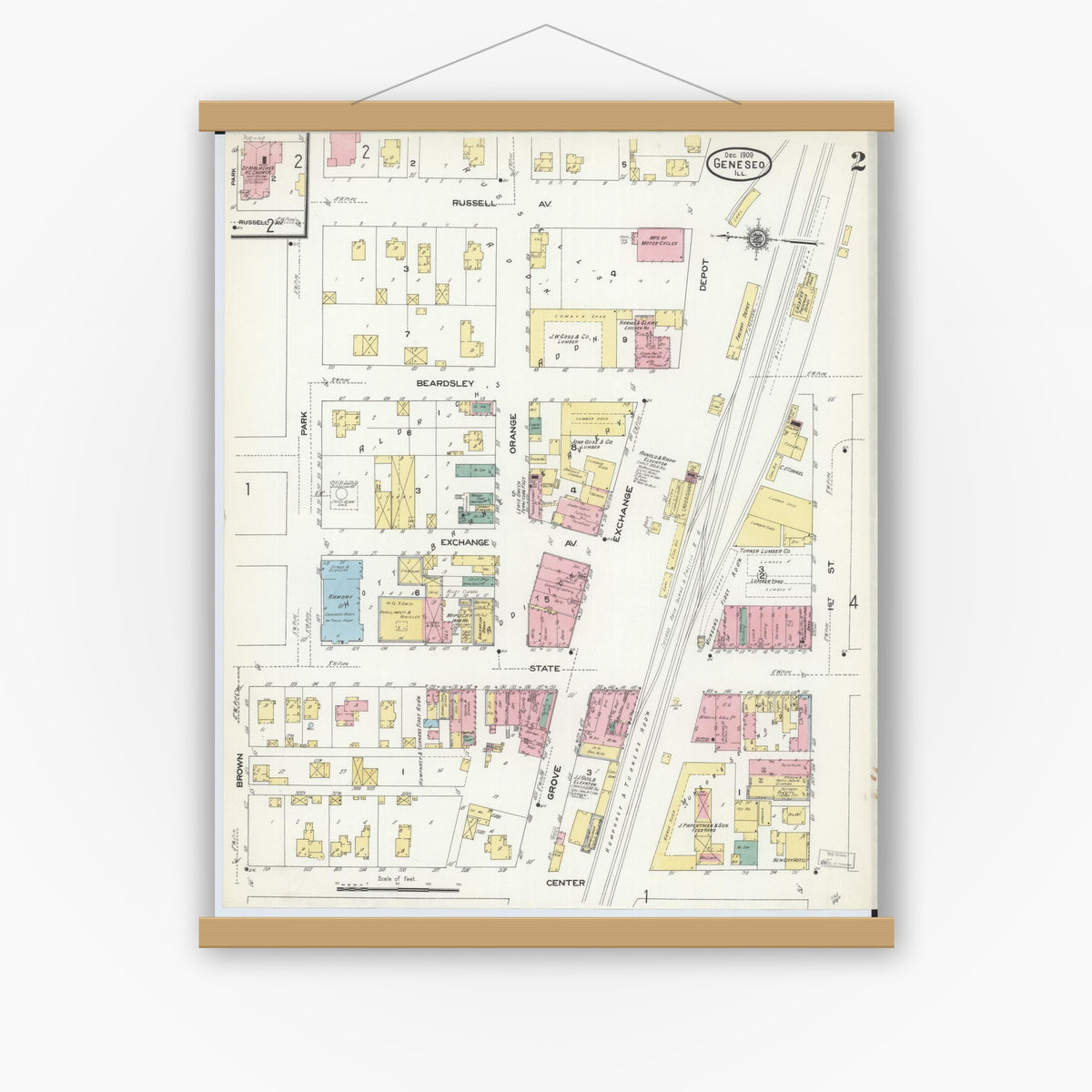 Old map wall art mockup — magnetic wood frame on white wall — Sanborn Fire Insurance Map from Geneseo, Henry County, Illinois (1909), Sheet #0002