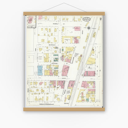 Old map wall art mockup — magnetic wood frame on white wall — Sanborn Fire Insurance Map from Geneseo, Henry County, Illinois (1909), Sheet #0002