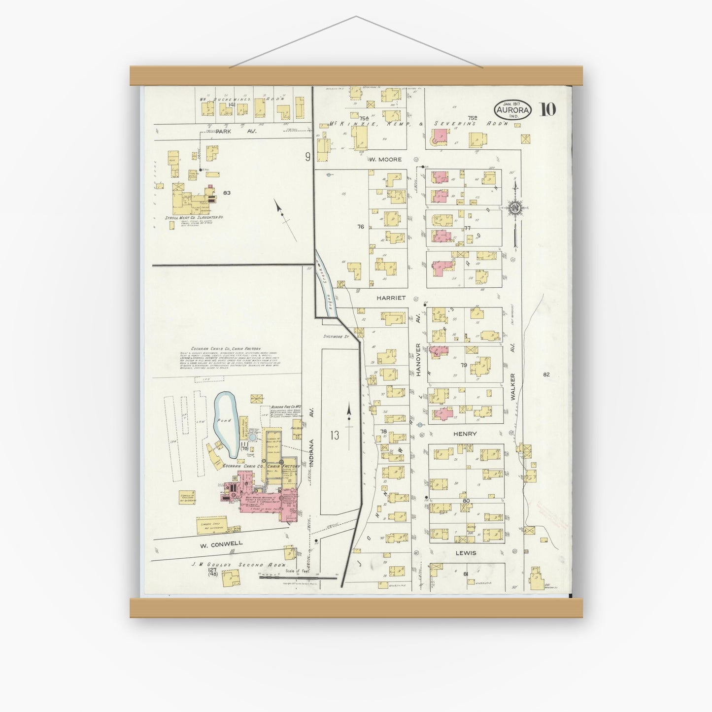 Old map wall art mockup — magnetic wood frame on white wall — Sanborn Fire Insurance Map from Aurora, Dearborn County, Indiana (1917), Sheet #0010