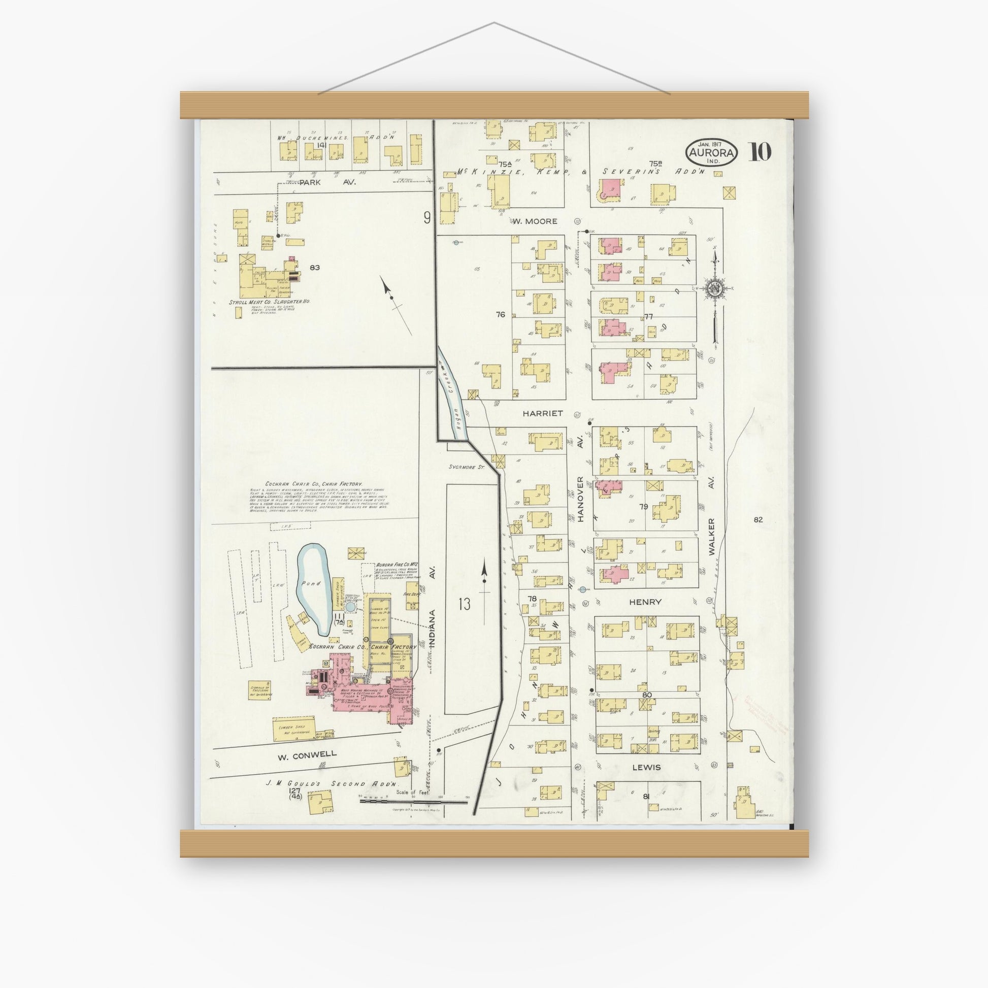 Old map wall art mockup — magnetic wood frame on white wall — Sanborn Fire Insurance Map from Aurora, Dearborn County, Indiana (1917), Sheet #0010