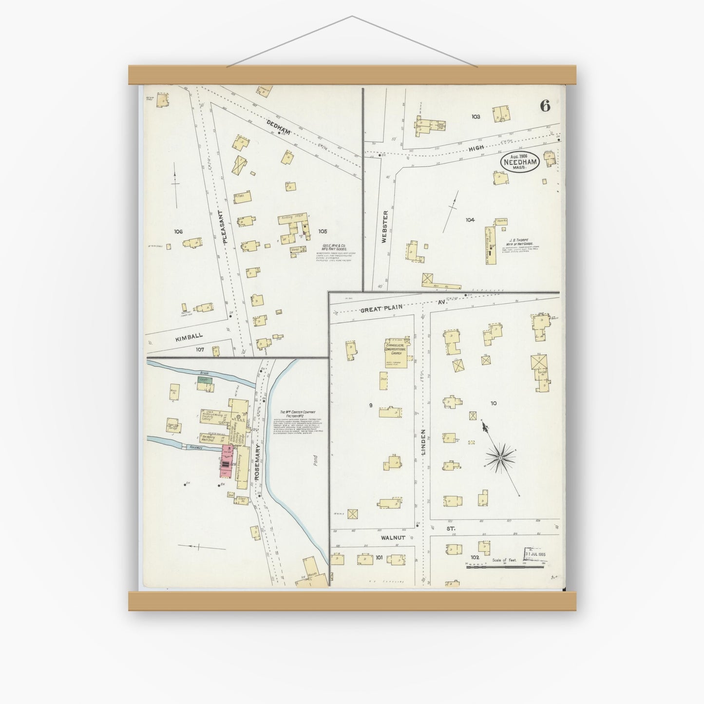 Old map wall art mockup — magnetic wood frame on white wall — Sanborn Fire Insurance Map from Needham, Norfolk County, Massachusetts (1906), Sheet #0006