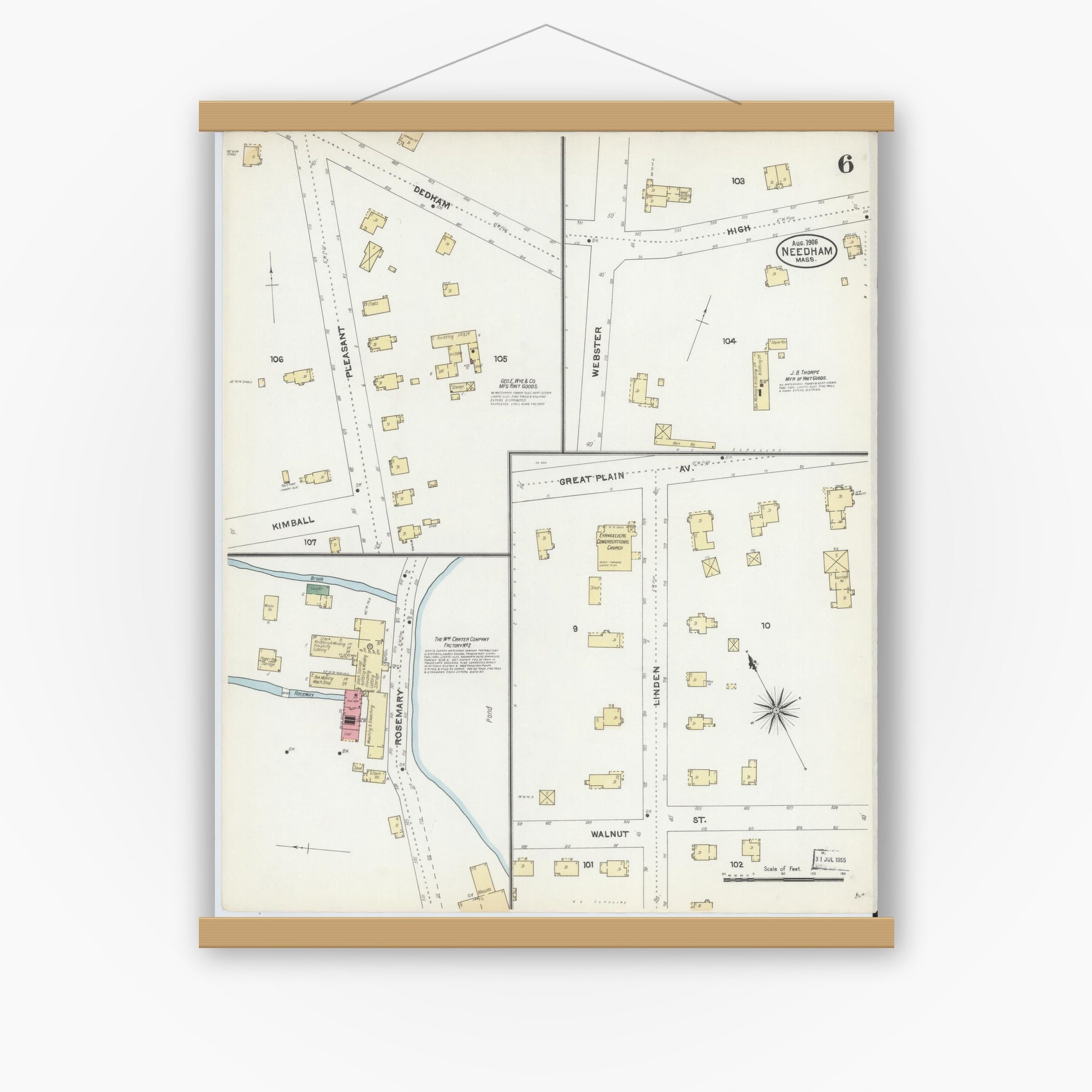 Old map wall art mockup — magnetic wood frame on white wall — Sanborn Fire Insurance Map from Needham, Norfolk County, Massachusetts (1906), Sheet #0006
