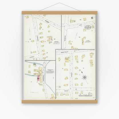 Old map wall art mockup — magnetic wood frame on white wall — Sanborn Fire Insurance Map from Needham, Norfolk County, Massachusetts (1906), Sheet #0006