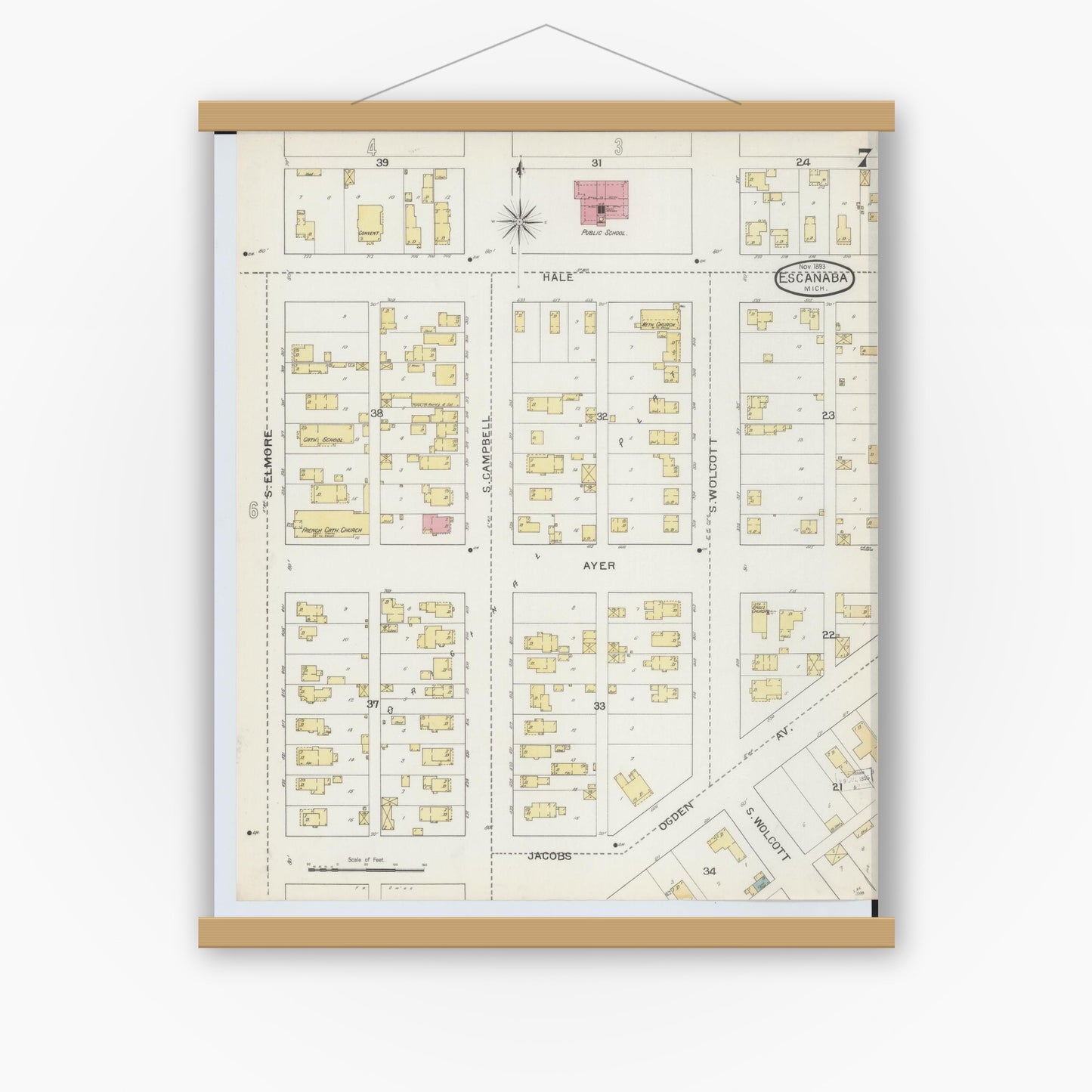 Old map wall art mockup — magnetic wood frame on white wall — Sanborn Fire Insurance Map from Escanaba, Delta County, Michigan (1893), Sheet #0007