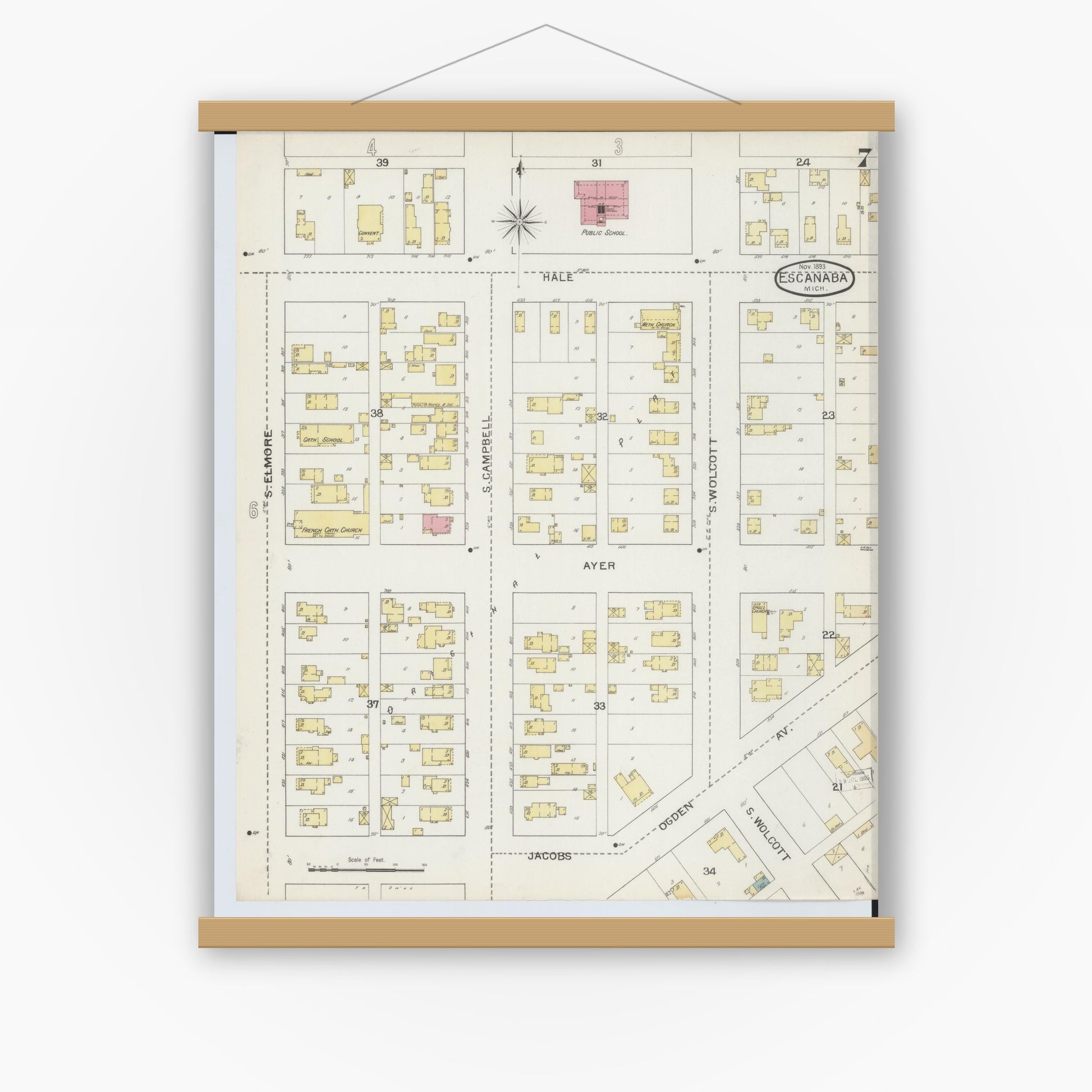 Old map wall art mockup — magnetic wood frame on white wall — Sanborn Fire Insurance Map from Escanaba, Delta County, Michigan (1893), Sheet #0007