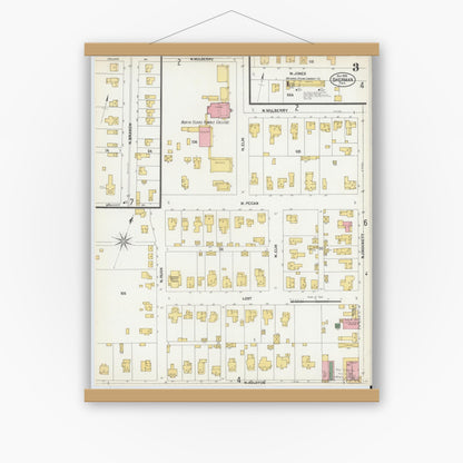 Old map wall art mockup — magnetic wood frame on white wall — Sanborn Fire Insurance Map from Sherman, Grayson County, Texas (1902), Sheet #0003
