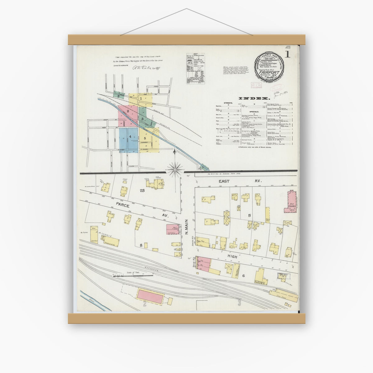 Old map wall art mockup — magnetic wood frame on white wall — Sanborn Fire Insurance Map from Fairport, Monroe County, New York (1892) - Complete Map Set