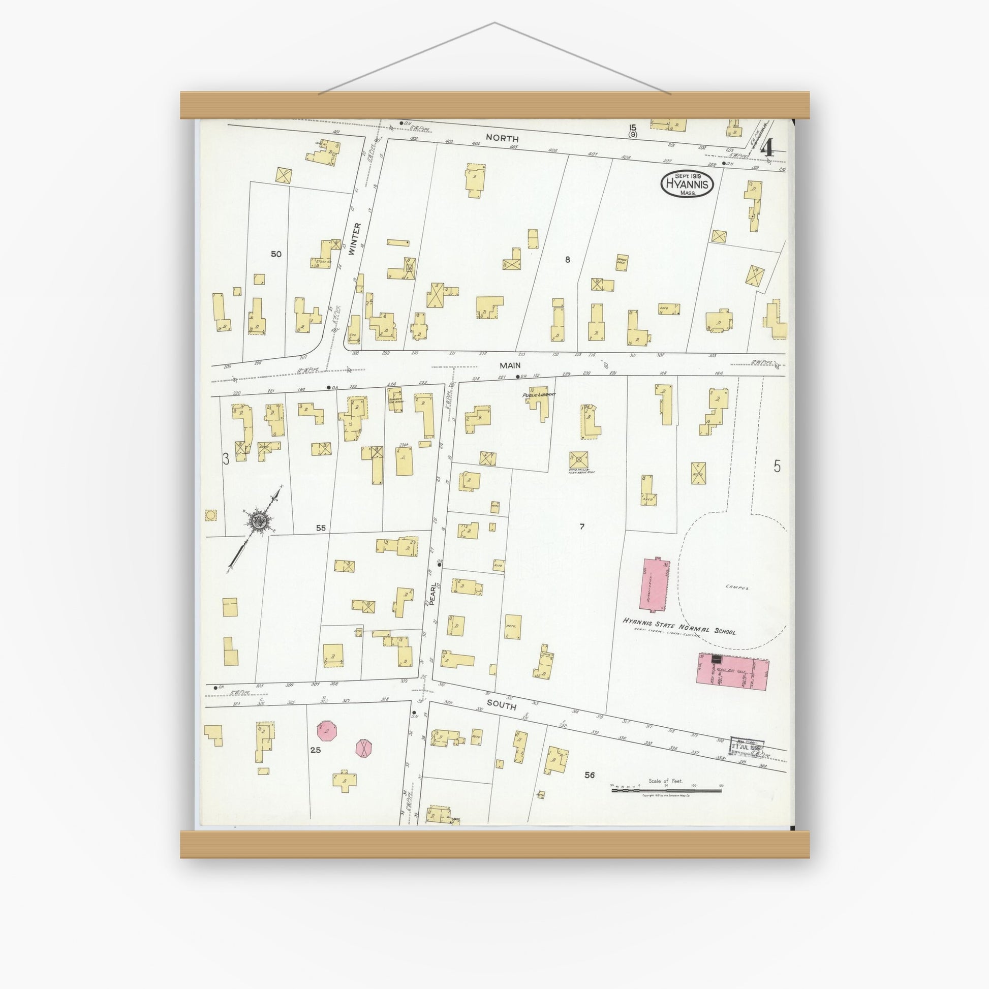 Old map wall art mockup — magnetic wood frame on white wall — Sanborn Fire Insurance Map from Hyannis, Barnstable County, Massachusetts (1919), Sheet #0004