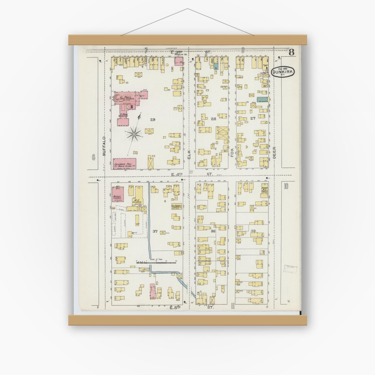 Old map wall art mockup — magnetic wood frame on white wall — Sanborn Fire Insurance Map from Dunkirk, Chautauqua County, New York (1893), Sheet #0008