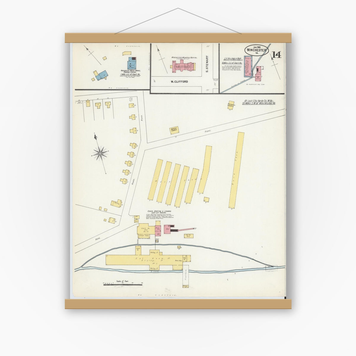 Old map wall art mockup — magnetic wood frame on white wall — Sanborn Fire Insurance Map from Winchester, Independent Cities, Virginia (1903), Sheet #0014