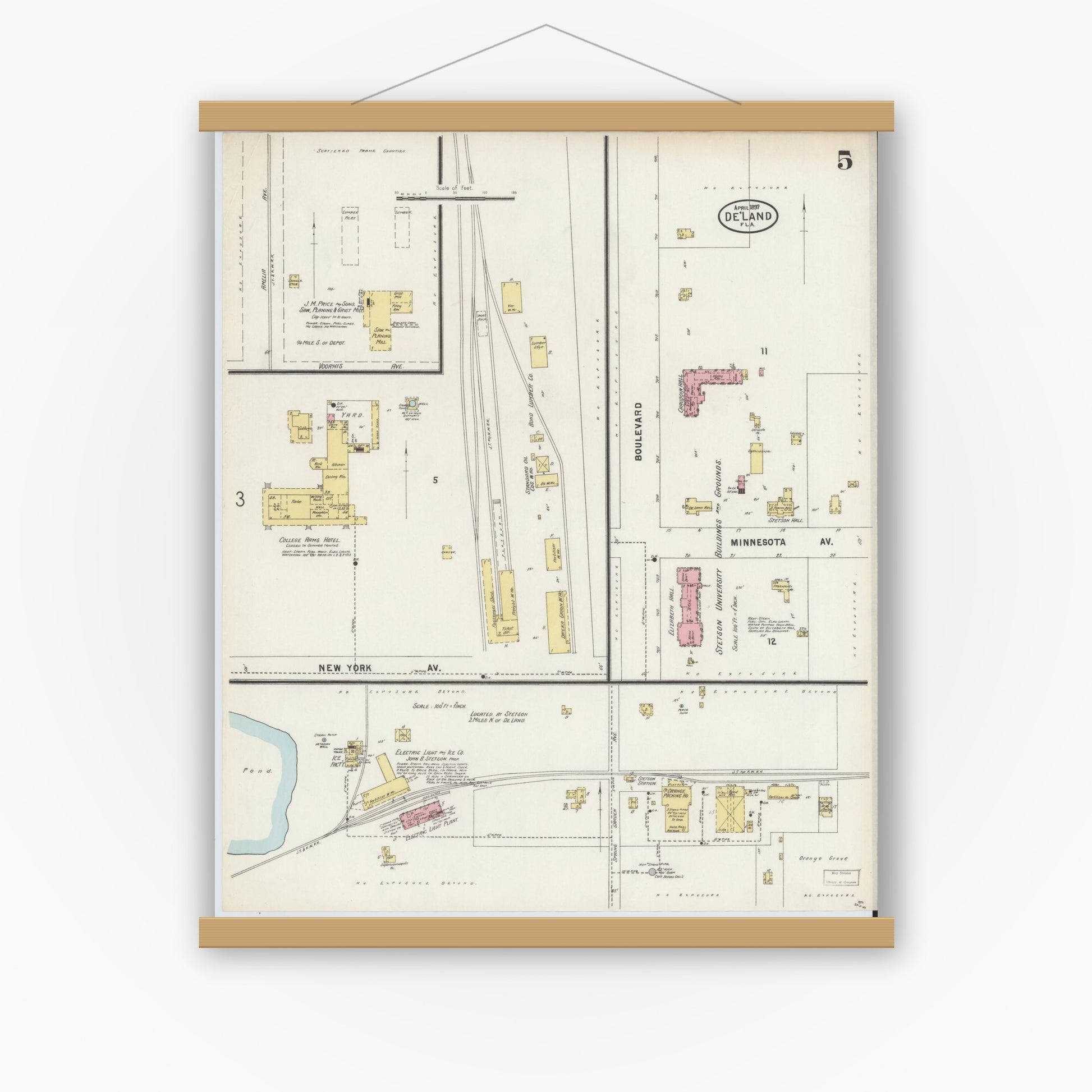 Old map wall art mockup — magnetic wood frame on white wall — Sanborn Fire Insurance Map from De Land, Volusia County, Florida (1897), Sheet #0005