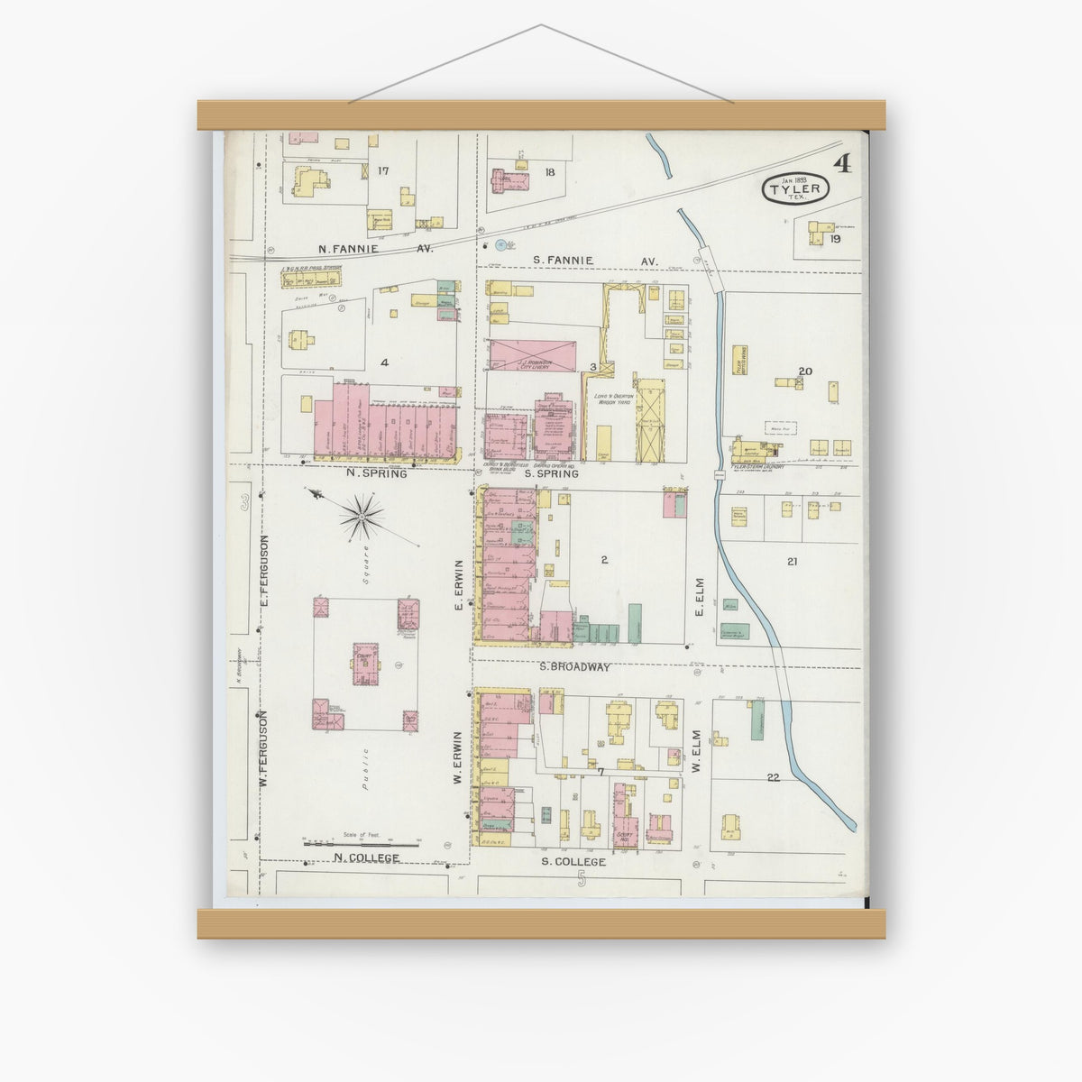 Old map wall art mockup — magnetic wood frame on white wall — Sanborn Fire Insurance Map from Tyler, Smith County, Texas (1893), Sheet #0004