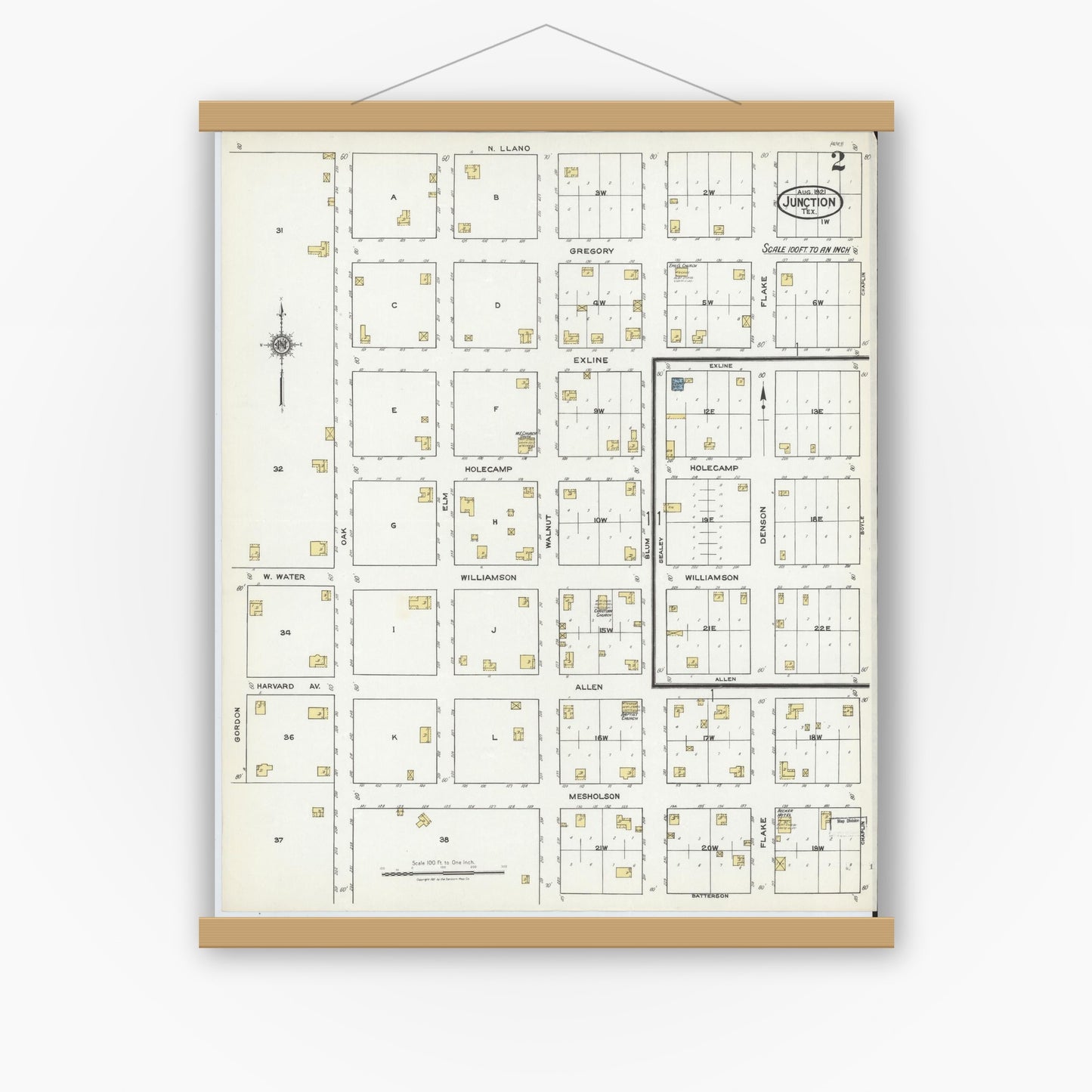 Old map wall art mockup — magnetic wood frame on white wall — Sanborn Fire Insurance Map from Junction, Kimble County, Texas (1921), Sheet #0002