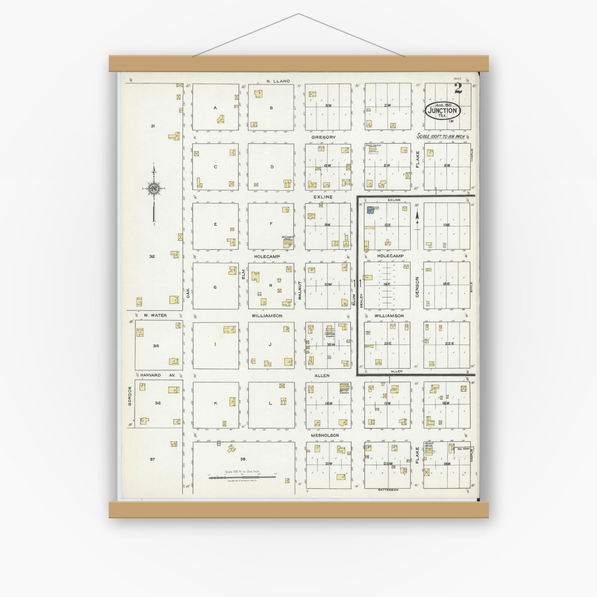 Old map wall art mockup — magnetic wood frame on white wall — Sanborn Fire Insurance Map from Junction, Kimble County, Texas (1921), Sheet #0002