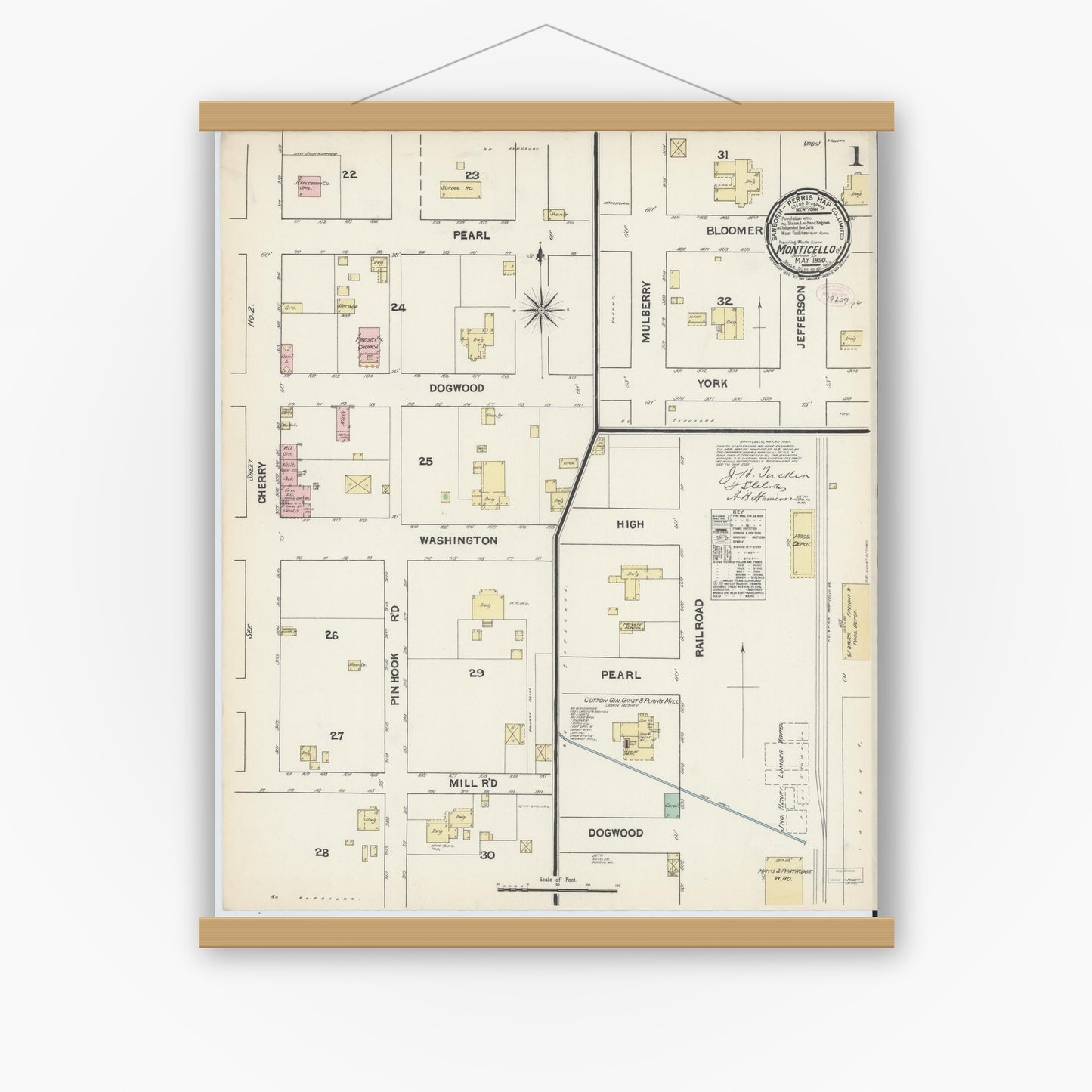 Old map wall art mockup — magnetic wood frame on white wall — Sanborn Fire Insurance Map from Monticello, Jefferson County, Florida (1890), Sheet #0001