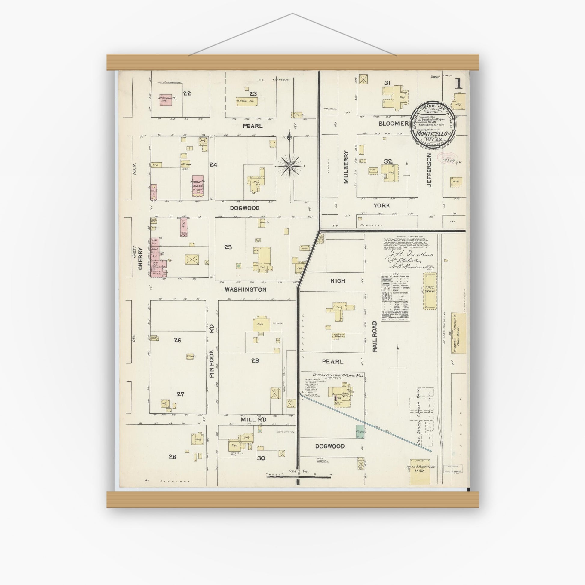 Old map wall art mockup — magnetic wood frame on white wall — Sanborn Fire Insurance Map from Monticello, Jefferson County, Florida (1890), Sheet #0001
