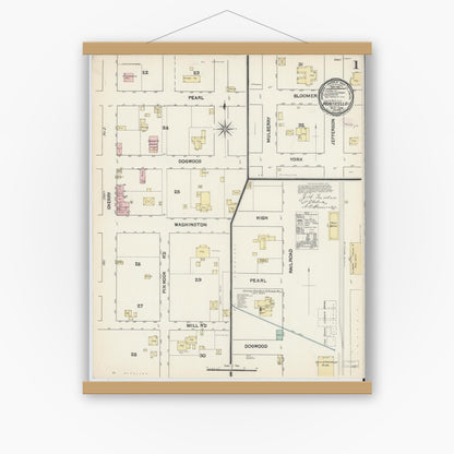 Old map wall art mockup — magnetic wood frame on white wall — Sanborn Fire Insurance Map from Monticello, Jefferson County, Florida (1890), Sheet #0001