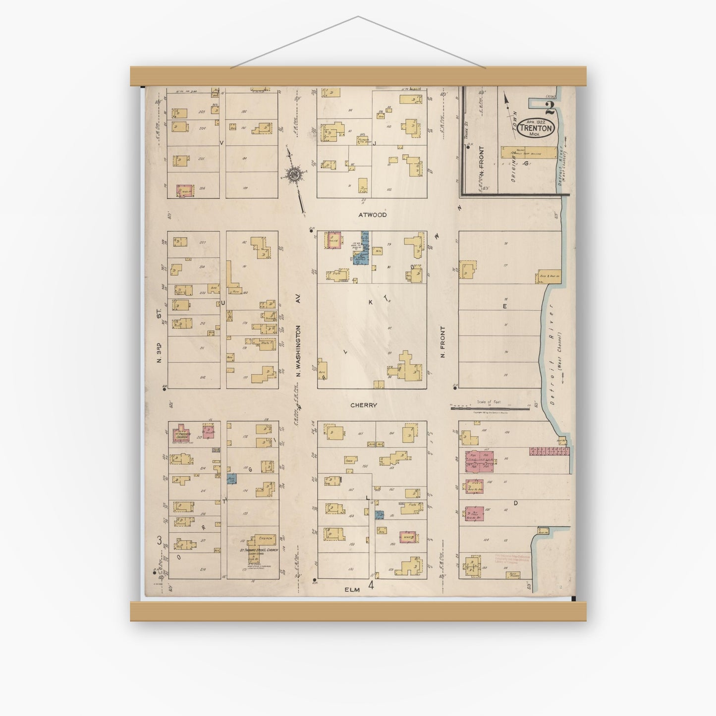 Old map wall art mockup — magnetic wood frame on white wall — Sanborn Fire Insurance Map from Trenton, Wayne County, Michigan (1922), Sheet #0002