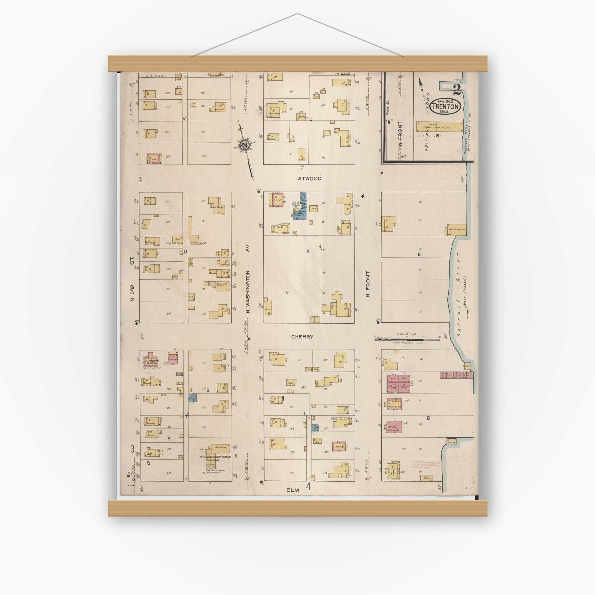 Old map wall art mockup — magnetic wood frame on white wall — Sanborn Fire Insurance Map from Trenton, Wayne County, Michigan (1922), Sheet #0002