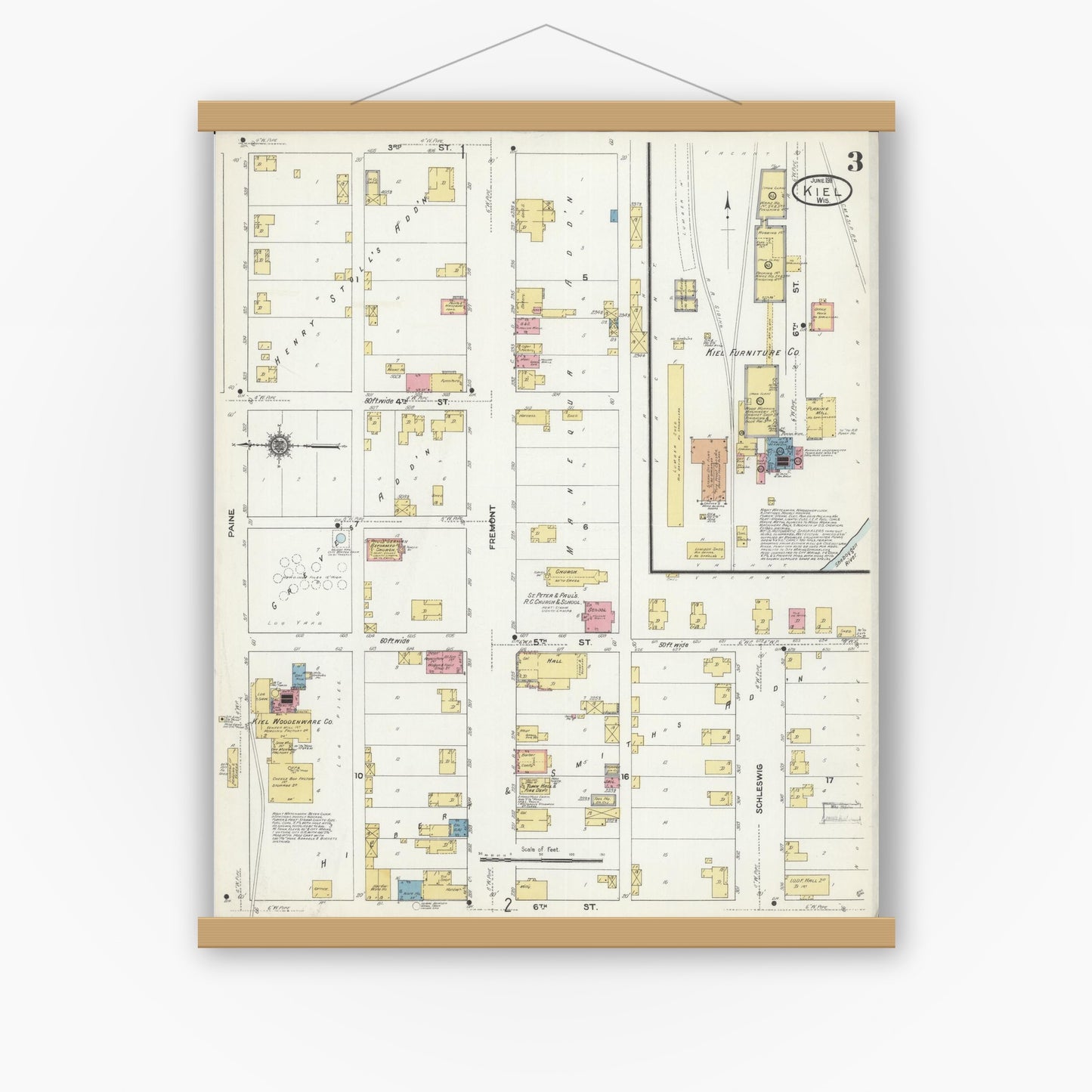 Old map wall art mockup — magnetic wood frame on white wall — Sanborn Fire Insurance Map from Kiel, Manitowoc and Calumet Counties, Wisconsin (1911), Sheet #0003