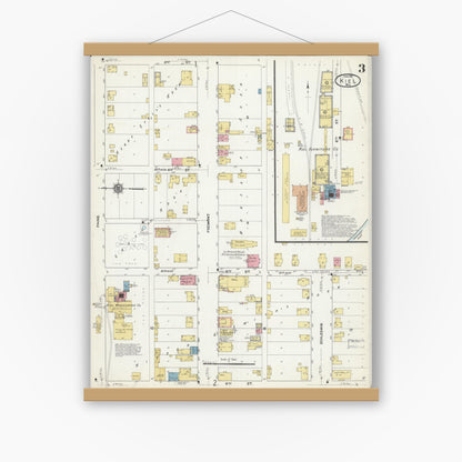 Old map wall art mockup — magnetic wood frame on white wall — Sanborn Fire Insurance Map from Kiel, Manitowoc and Calumet Counties, Wisconsin (1911), Sheet #0003