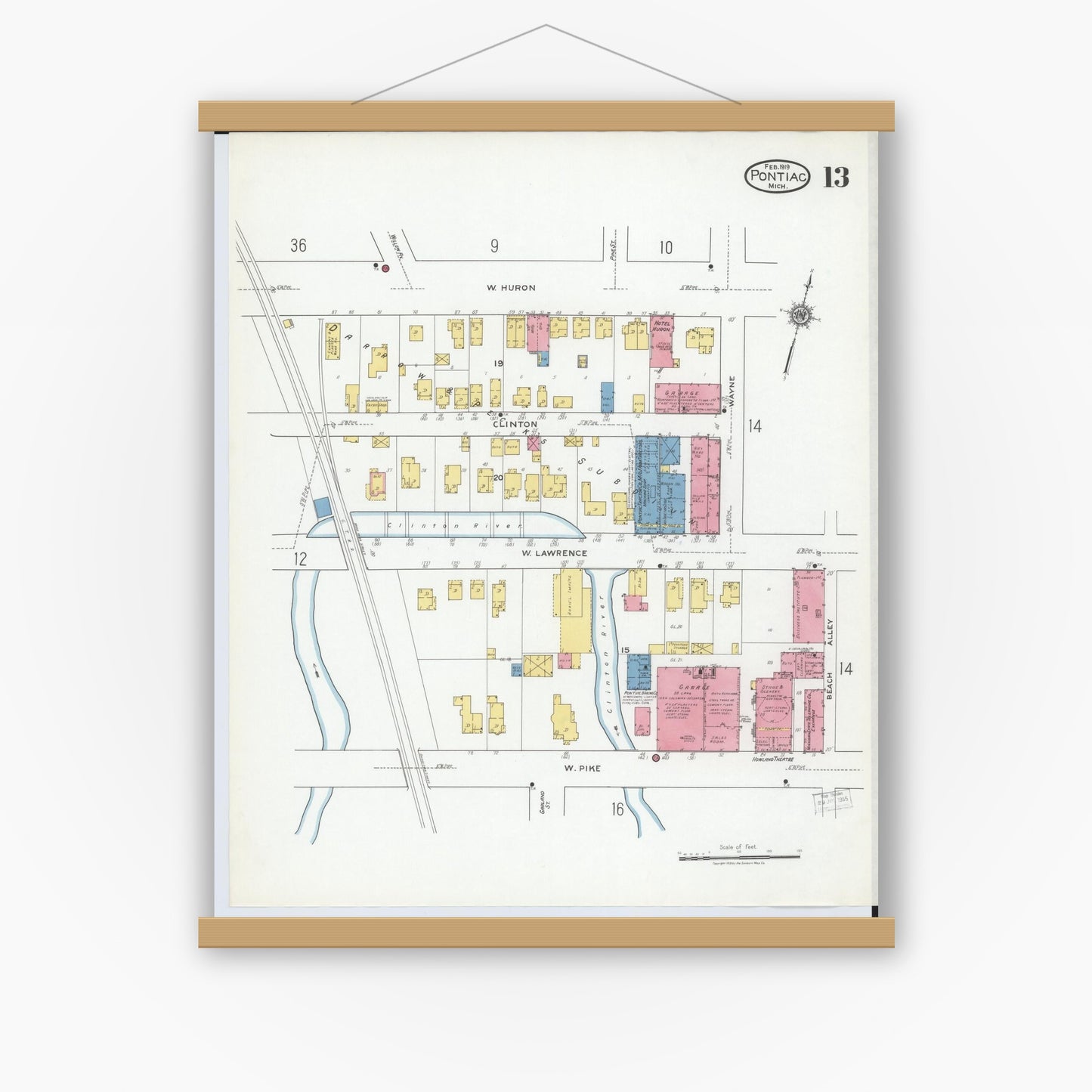 Old map wall art mockup — magnetic wood frame on white wall — Sanborn Fire Insurance Map from Pontiac, Oakland County, Michigan (1919), Sheet #0013