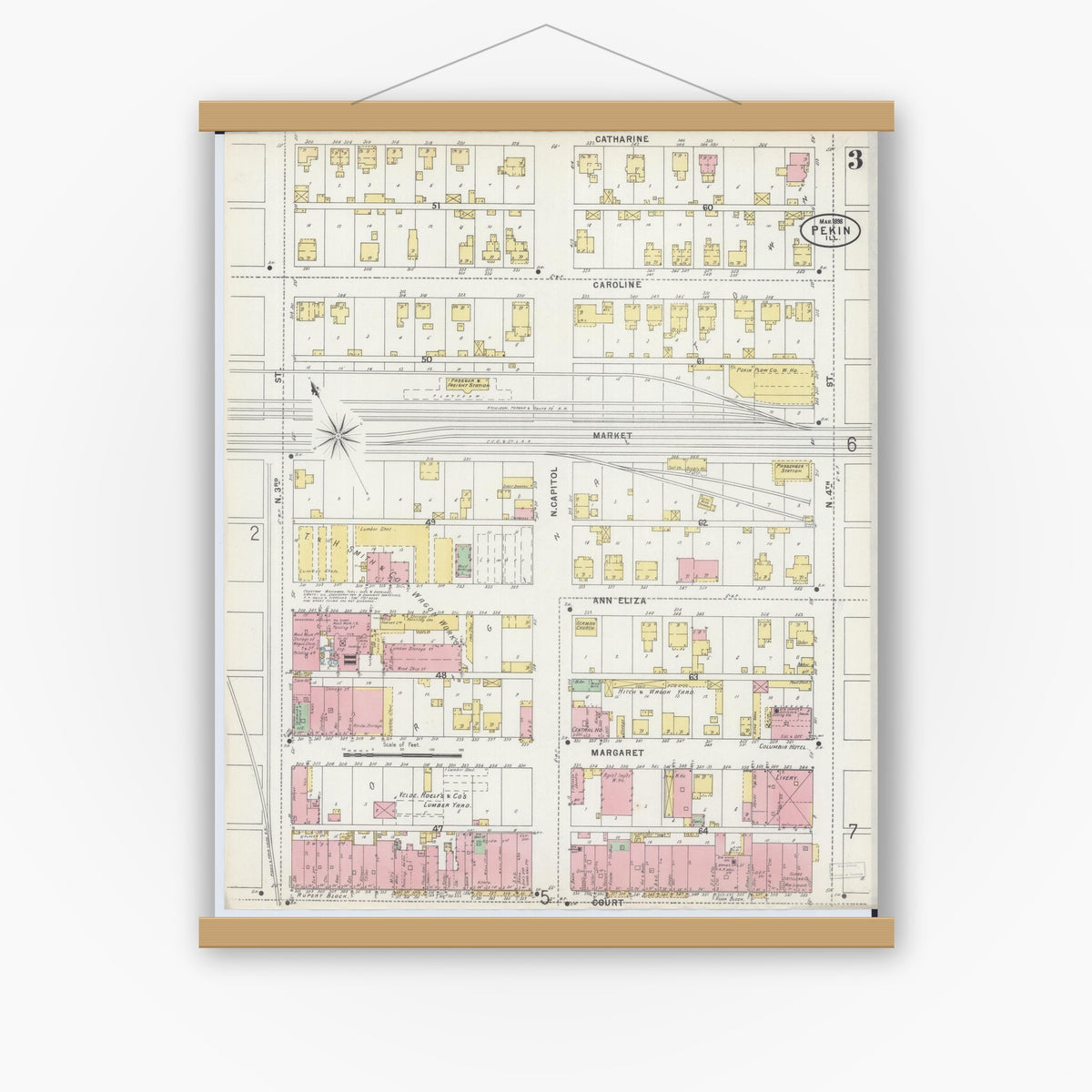 Old map wall art mockup — magnetic wood frame on white wall — Sanborn Fire Insurance Map from Pekin, Tazewell County, Illinois (1898), Sheet #0003