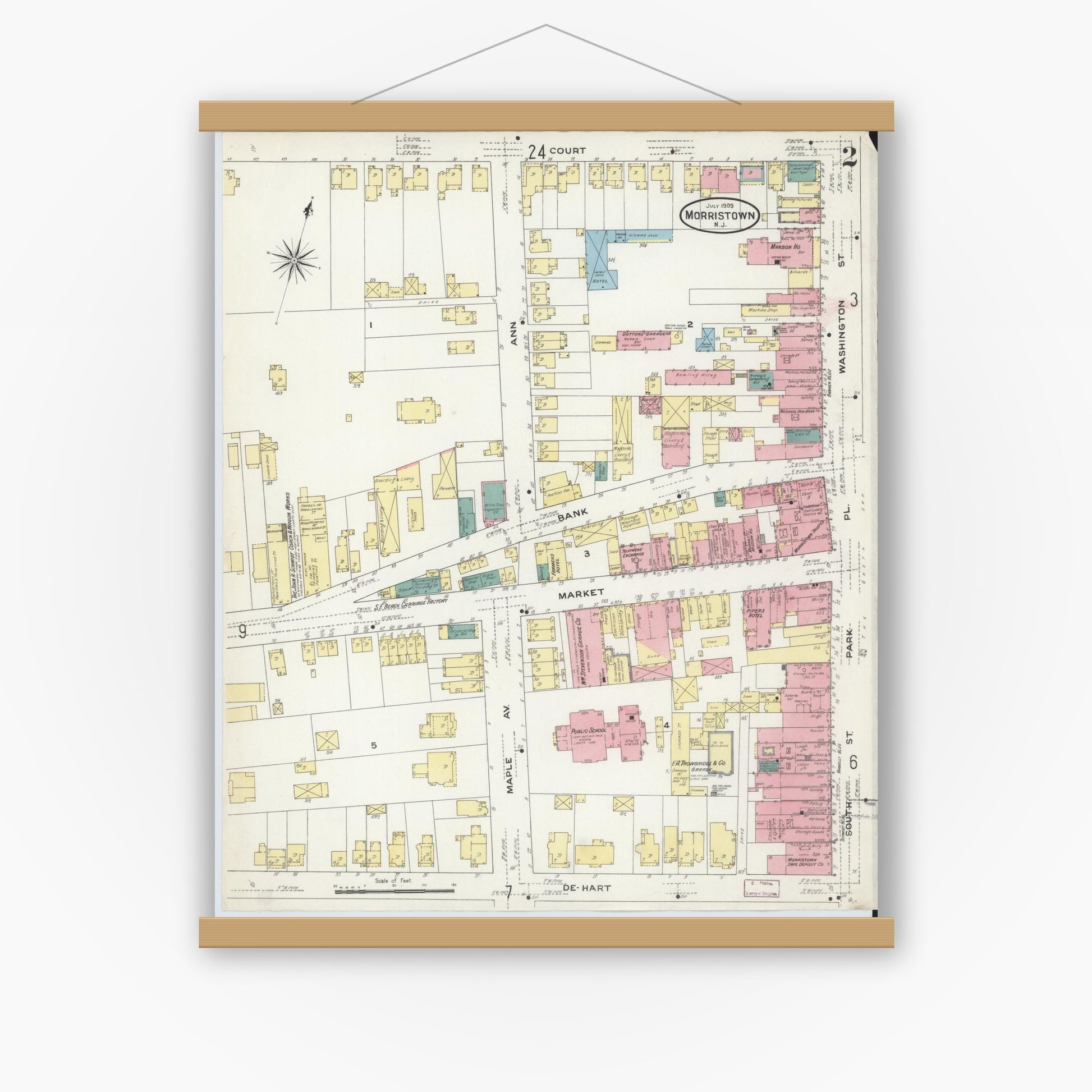 Old map wall art mockup — magnetic wood frame on white wall — Sanborn Fire Insurance Map from Morristown, Morris County, New Jersey (1909) - Complete Map Set