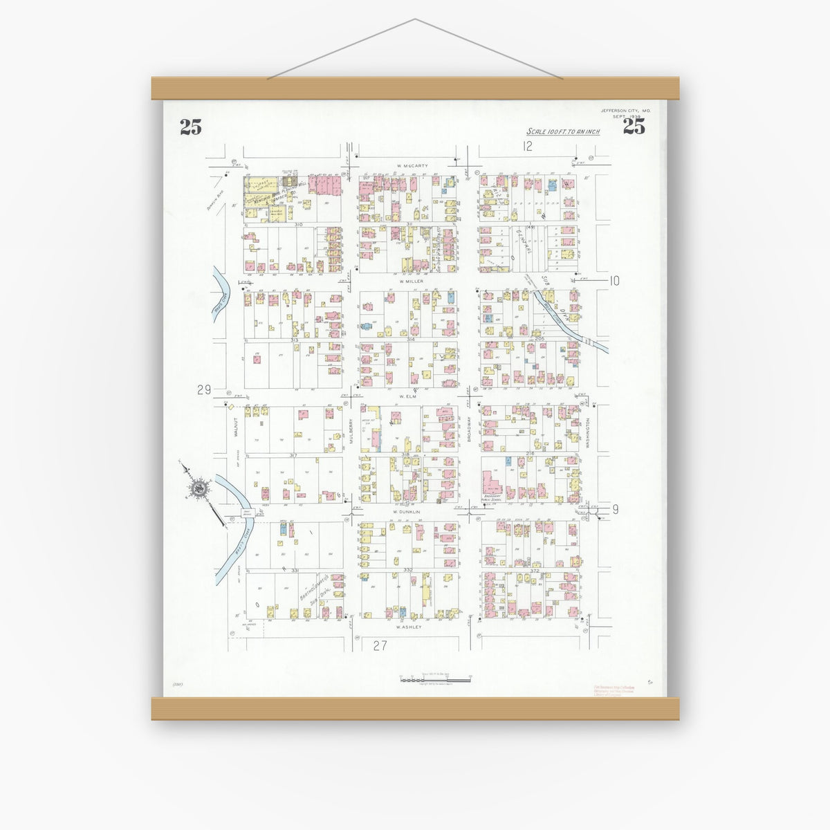 Old map wall art mockup — magnetic wood frame on white wall — Sanborn Fire Insurance Map from Jefferson City, Cole County, Missouri (1939), Sheet #0025
