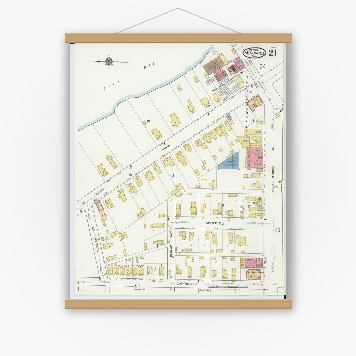 Old map wall art mockup — magnetic wood frame on white wall — Sanborn Fire Insurance Map from Menominee, Menominee County, Michigan (1921), Sheet #0021