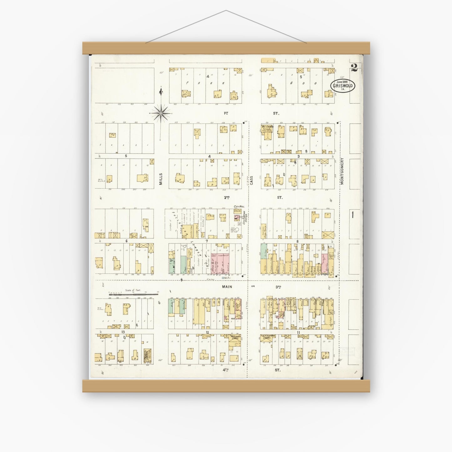 Old map wall art mockup — magnetic wood frame on white wall — Sanborn Fire Insurance Map from Griswold, Cass County, Iowa (1899), Sheet #0002