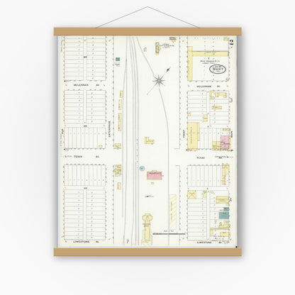Old map wall art mockup — magnetic wood frame on white wall — Sanborn Fire Insurance Map from Mart, McLennan County, Texas (1909), Sheet #0002