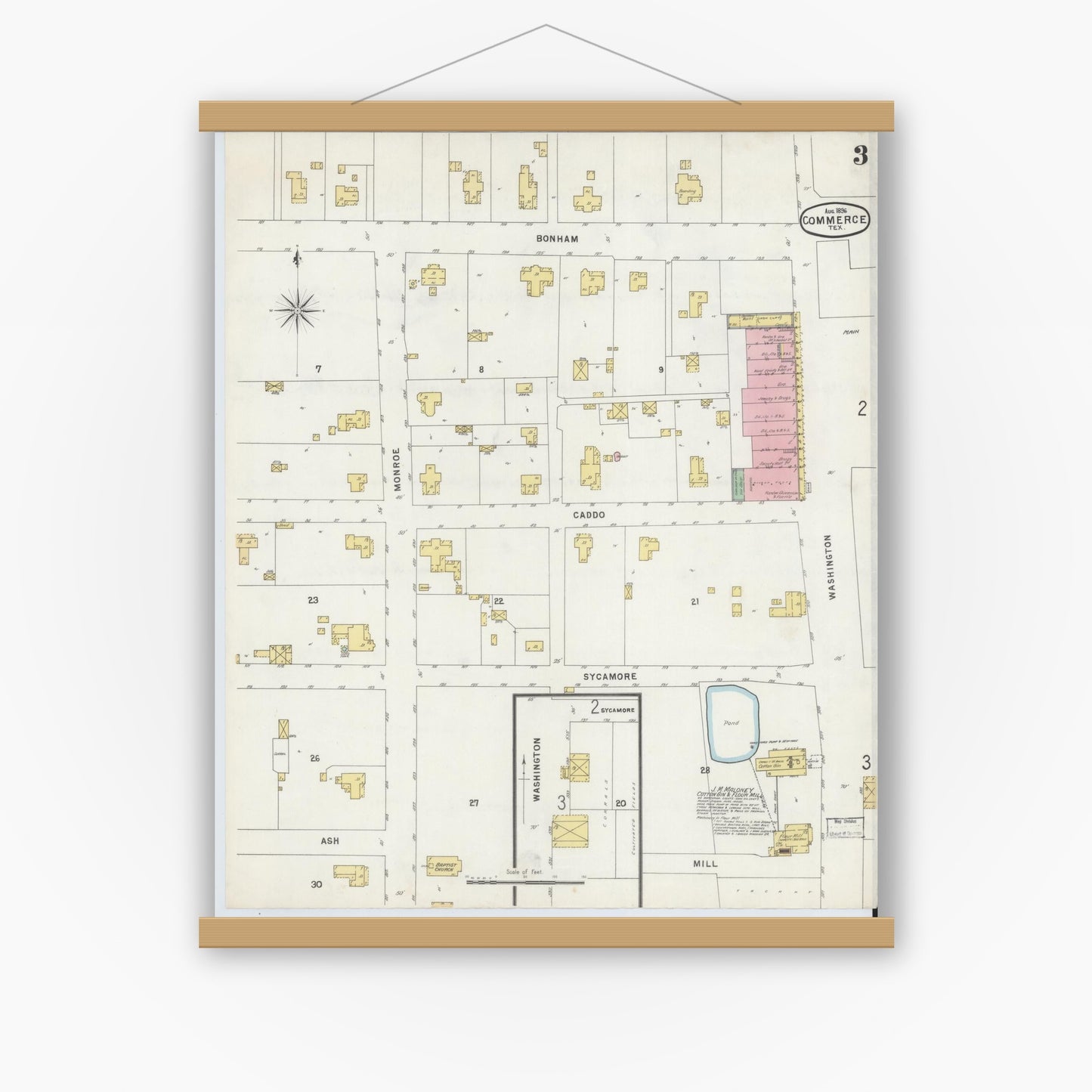 Old map wall art mockup — magnetic wood frame on white wall — Sanborn Fire Insurance Map from Commerce, Hunt County, Texas (1896), Sheet #0003