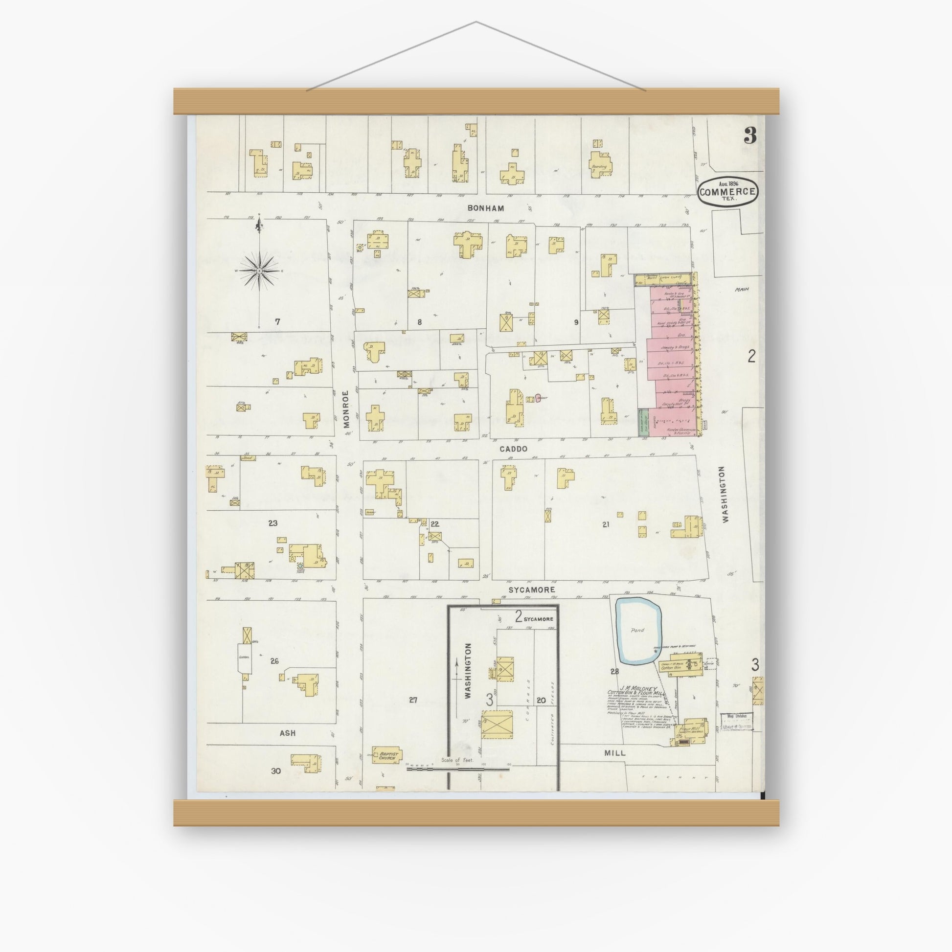 Old map wall art mockup — magnetic wood frame on white wall — Sanborn Fire Insurance Map from Commerce, Hunt County, Texas (1896), Sheet #0003