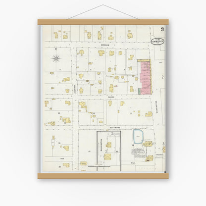 Old map wall art mockup — magnetic wood frame on white wall — Sanborn Fire Insurance Map from Commerce, Hunt County, Texas (1896), Sheet #0003