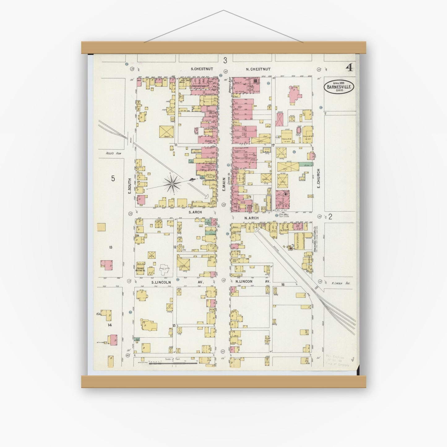 Old map wall art mockup — magnetic wood frame on white wall — Sanborn Fire Insurance Map from Barnesville, Belmont County, Ohio (1899), Sheet #0004