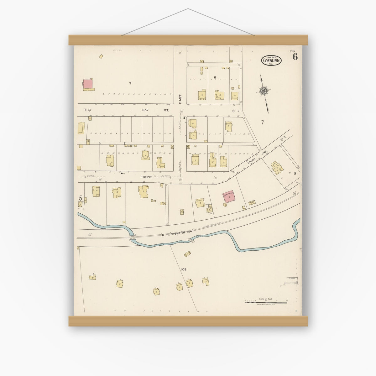 Old map wall art mockup — magnetic wood frame on white wall — Sanborn Fire Insurance Map from Coeburn, Wise County, Virginia (1922), Sheet #0006