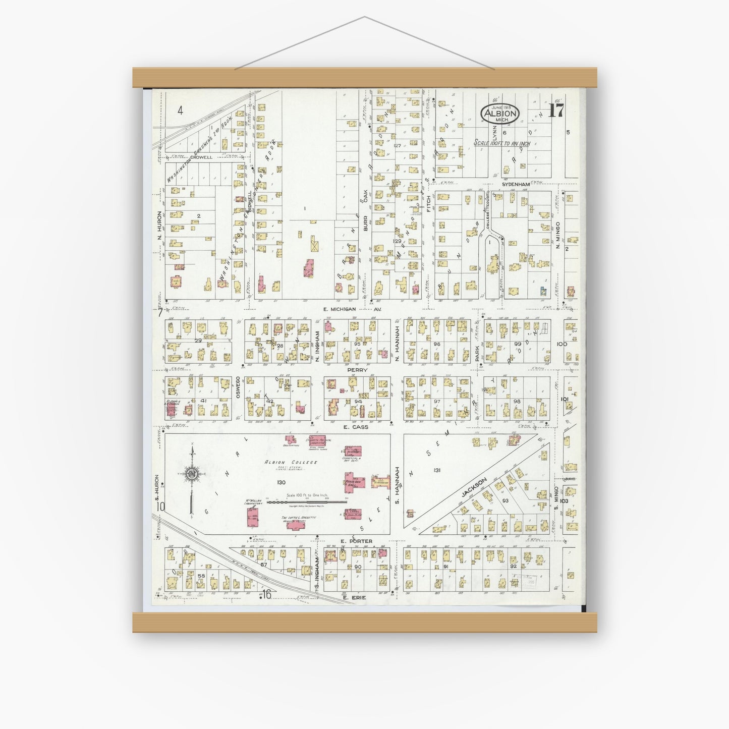 Old map wall art mockup — magnetic wood frame on white wall — Sanborn Fire Insurance Map from Albion, Calhoun County, Michigan (1918), Sheet #0017