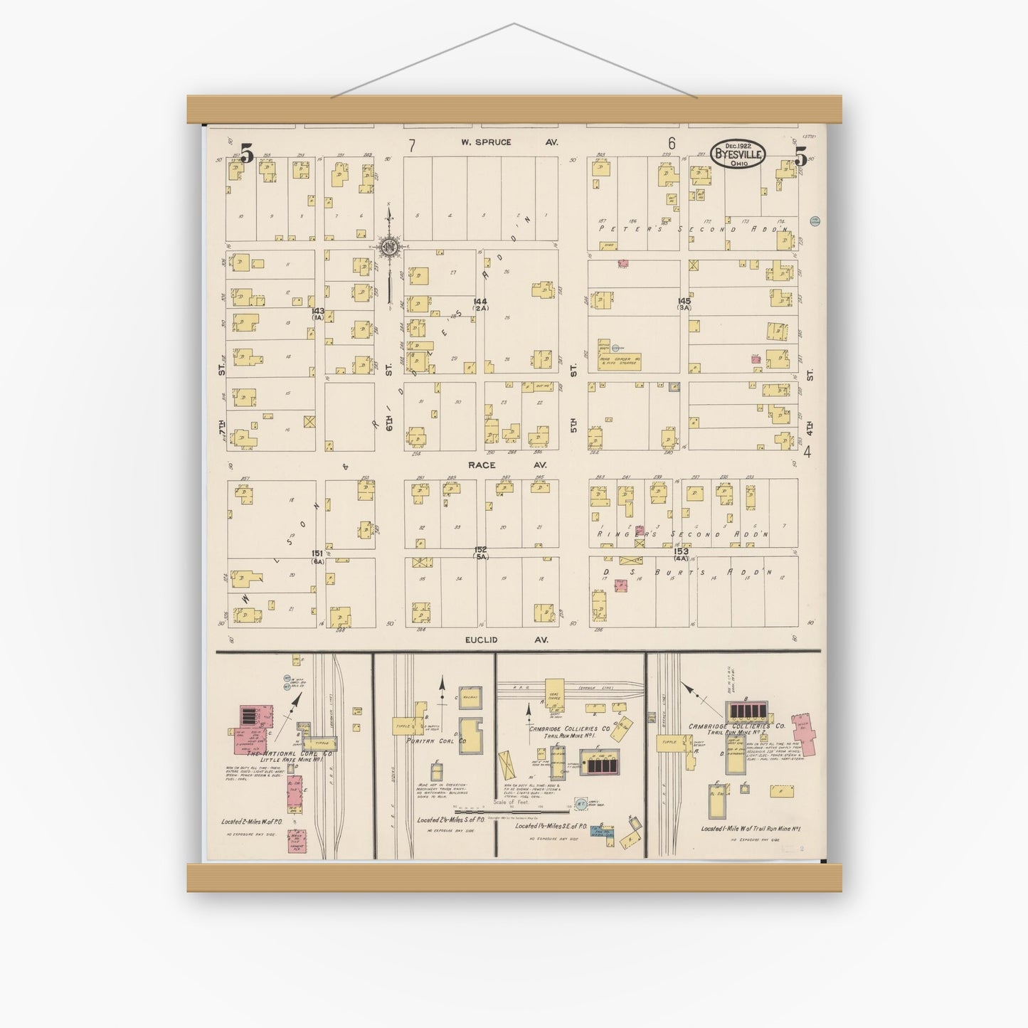 Old map wall art mockup — magnetic wood frame on white wall — Sanborn Fire Insurance Map from Byesville, Guernsey County, Ohio (1922), Sheet #0005