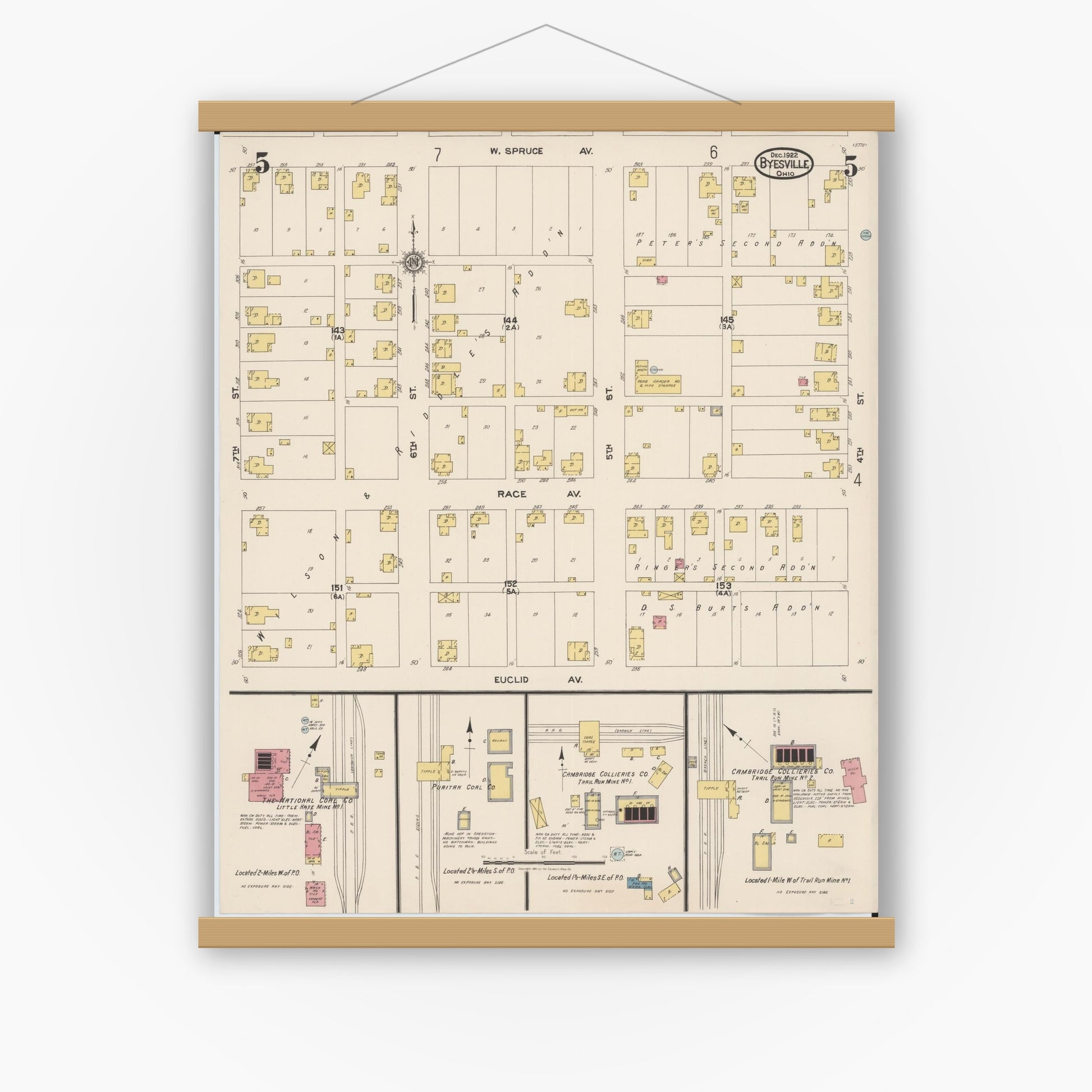Old map wall art mockup — magnetic wood frame on white wall — Sanborn Fire Insurance Map from Byesville, Guernsey County, Ohio (1922), Sheet #0005