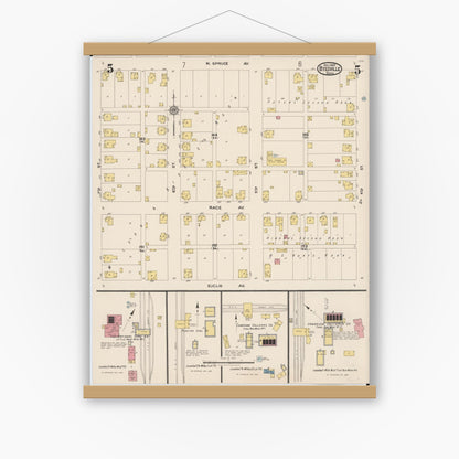 Old map wall art mockup — magnetic wood frame on white wall — Sanborn Fire Insurance Map from Byesville, Guernsey County, Ohio (1922), Sheet #0005