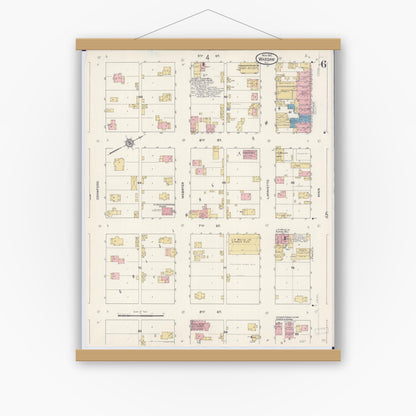 Old map wall art mockup — magnetic wood frame on white wall — Sanborn Fire Insurance Map from Warsaw, Hancock County, Illinois (1912), Sheet #0006